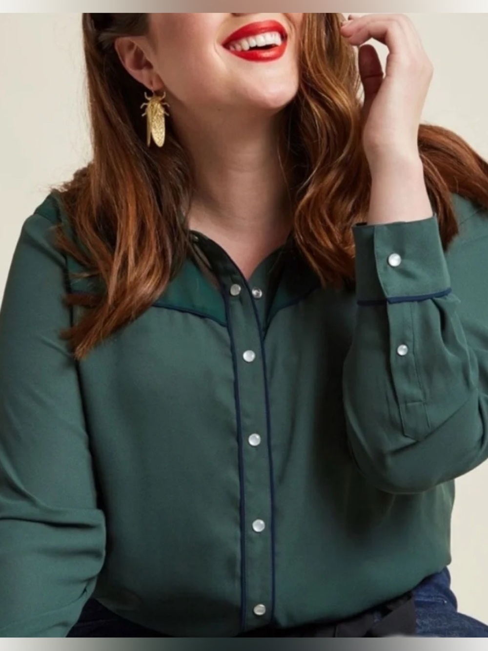 ModCloth Green Sheer Pearl Snap Western Blouse, Medium